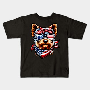 USA 4th Of July Patriotic American Yorkshire Terrier flag us Kids T-Shirt